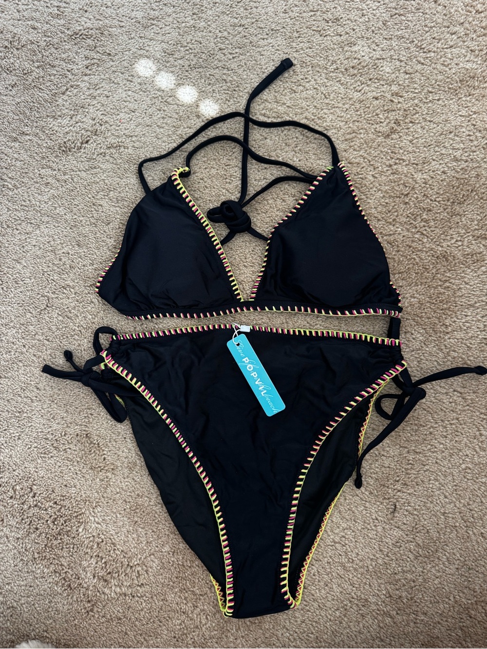 Black Triangle Bikini with Neon Stitch Trim
